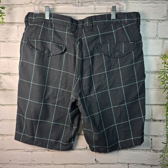 SPLIT USA MENS SHORT BLACK GRAY SM HOUNDSTOOTH PRINT TEAL ACCENT SIZE 36 EUC - Picture 7 of 8
